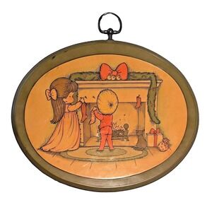 Vintage Joan Walsh Anglund Decoupage Christmas Plaque‎ Children by Fireplace